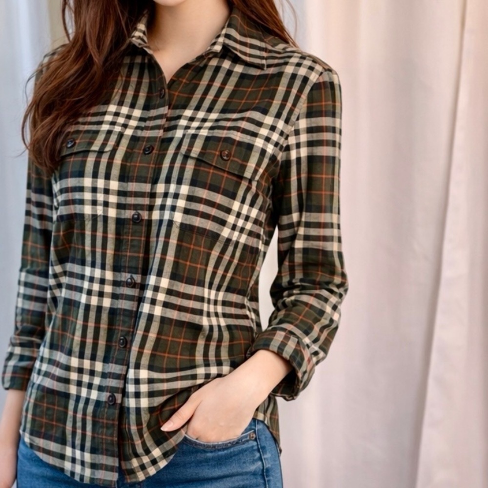 Lauren Ralph Lauren Olive Green Checkered Plaid Heavyweight Cotton Button-Down S